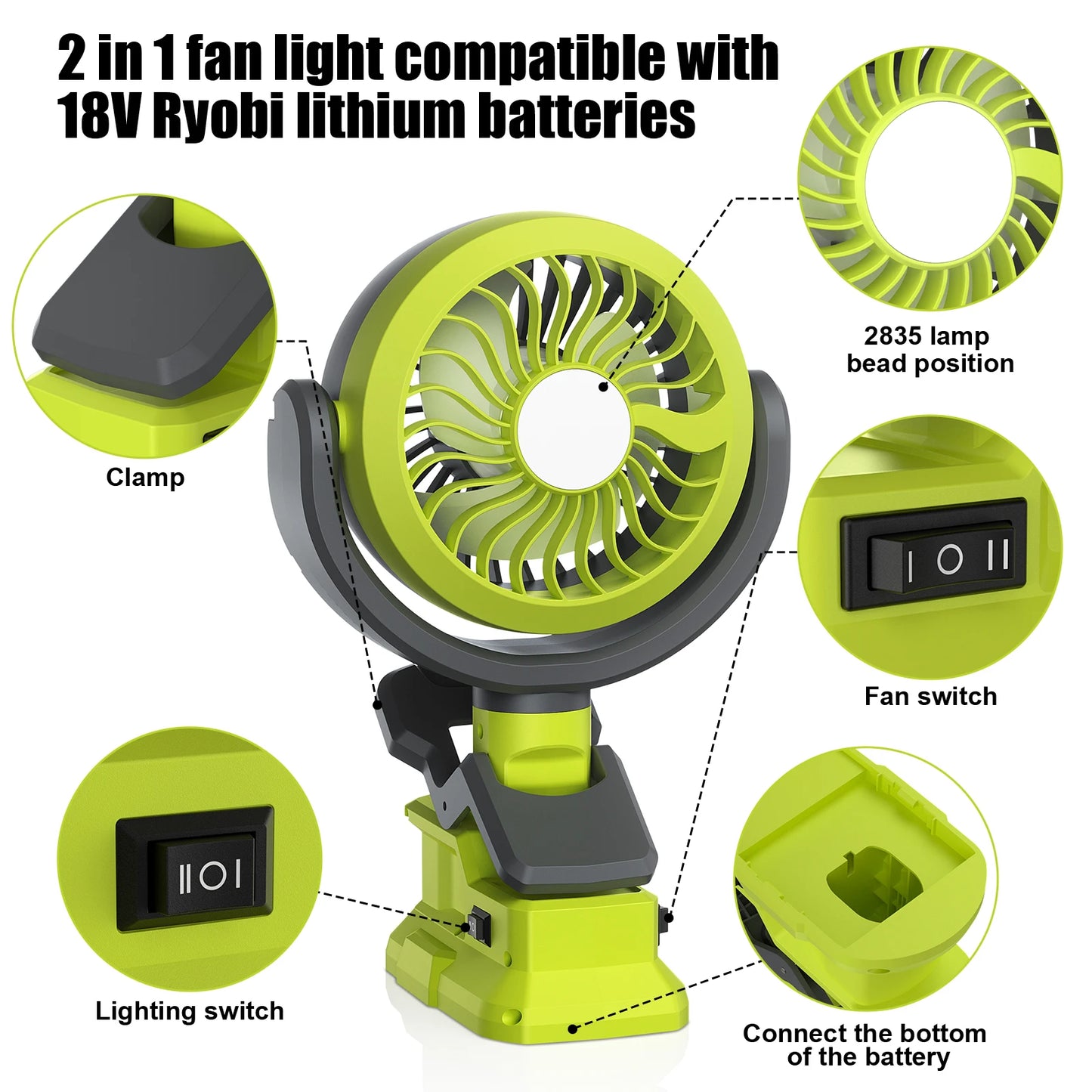Turpow Cordless Fan For Roybi P108 P107 Battery 18V Fan Light 2 in 1 Compatible With Roybi 18V Li-ion Batteries Wireless fan