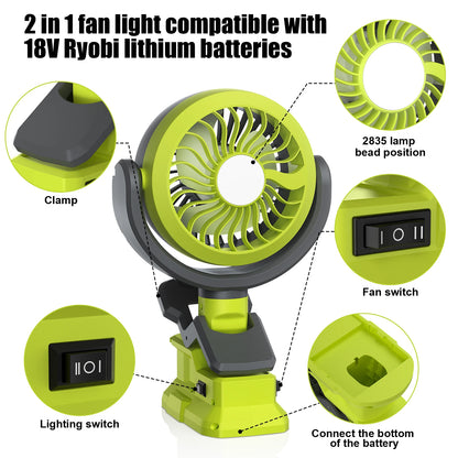 Turpow Cordless Fan For Roybi P108 P107 Battery 18V Fan Light 2 in 1 Compatible With Roybi 18V Li-ion Batteries Wireless fan